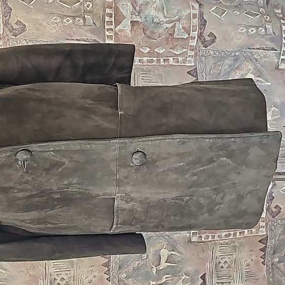 Vintage genuine leather suede lined fur collar long jacket coat  button closure - Picture 3 of 11